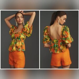 NWT Farm Rio x Anthropologie Orange Chic Pears Short Puff Sleeve Blouse